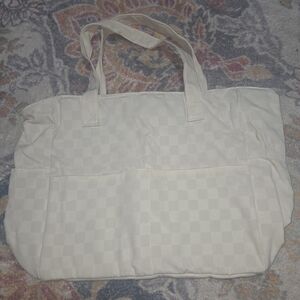 White Checkered Tote Bag Shoulder Purse Large Canvas/Nylon Travel Gym Beach NEW